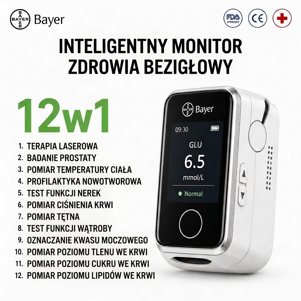 Bayer Bezzakłuwacz Miernik Glikemii 12 w 1 – Cyfrowy monitor glikemii i parametrów zdrowotnych