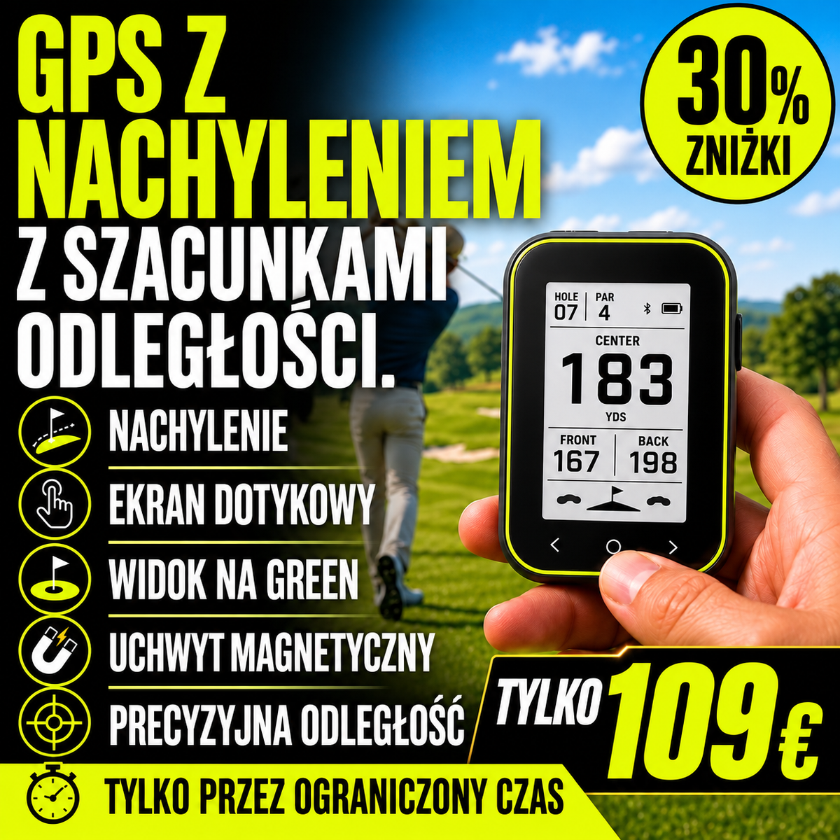 Dalmierz golfowy z kompensacją nachylenia i GPS – Przenośny miernik odległości z klipsem