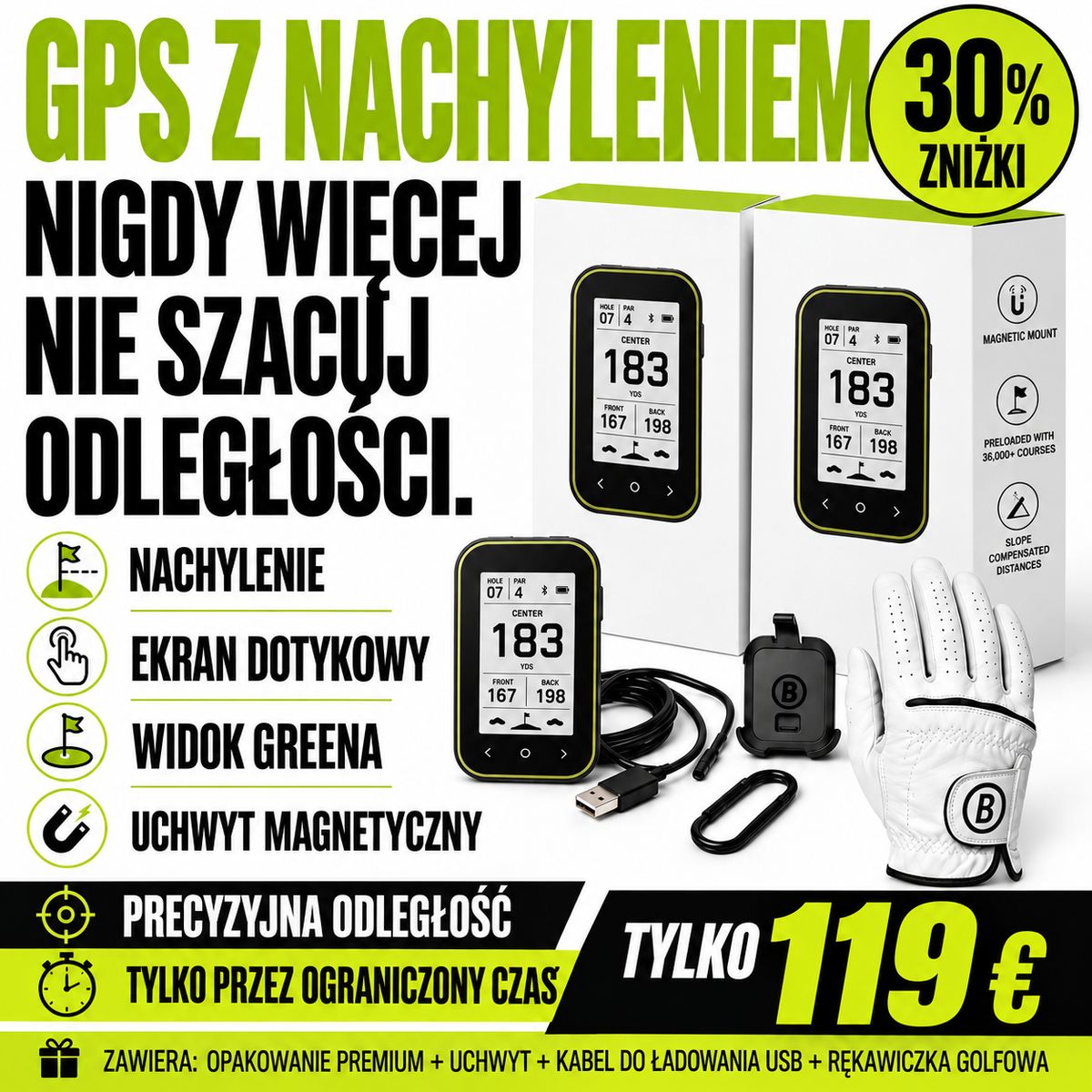 Dalmierz golfowy z kompensacją nachylenia i GPS – Przenośny miernik odległości z klipsem