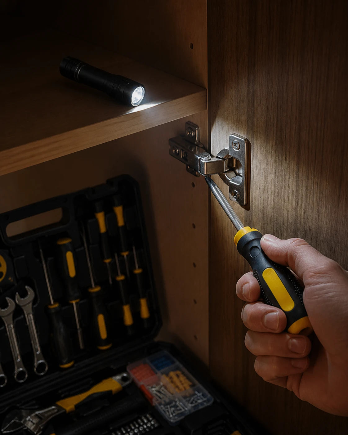 Taschenlampe beleuchtet ein Möbelscharnier während es mit einem Schraubendreher nachgezogen wird